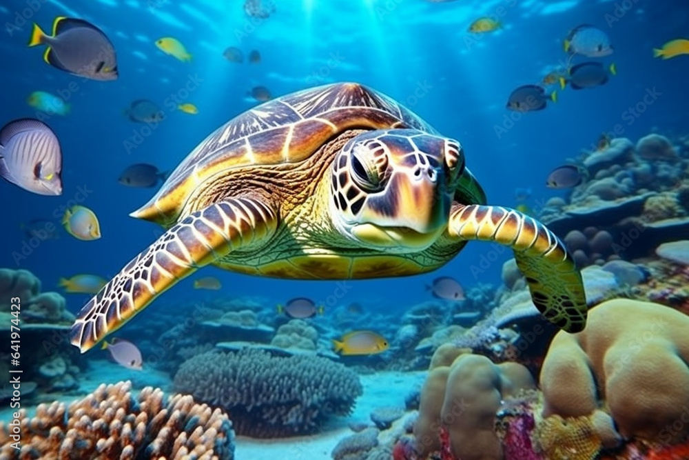 Fototapeta premium Green sea turtle swimming in the coral reef of the Red Sea.