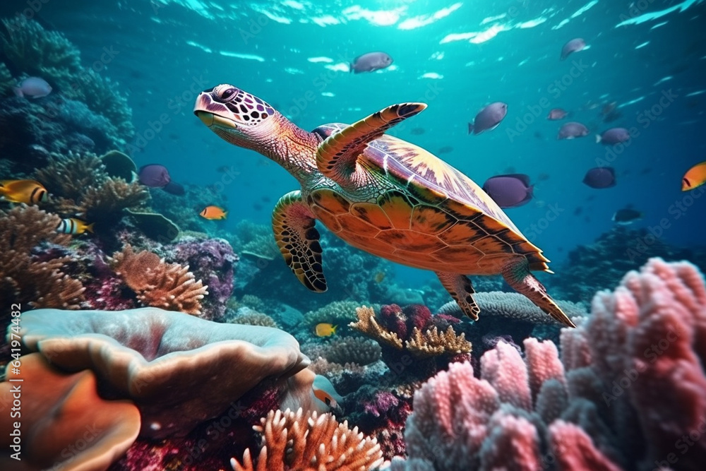 Obraz premium Green sea turtle swimming in the coral reef of the Red Sea.