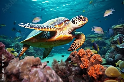 Green sea turtle swimming in the coral reef of the Red Sea.