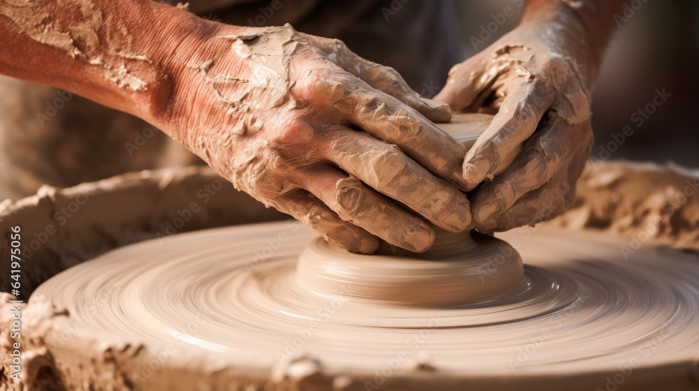Close-up of a potter's hands shaping clay on a wheel Close-up of a potter's hands shaping clay on a wheel