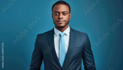 Portrait of confident young African businessman in suit looking on blue background. created by generative AI technology.