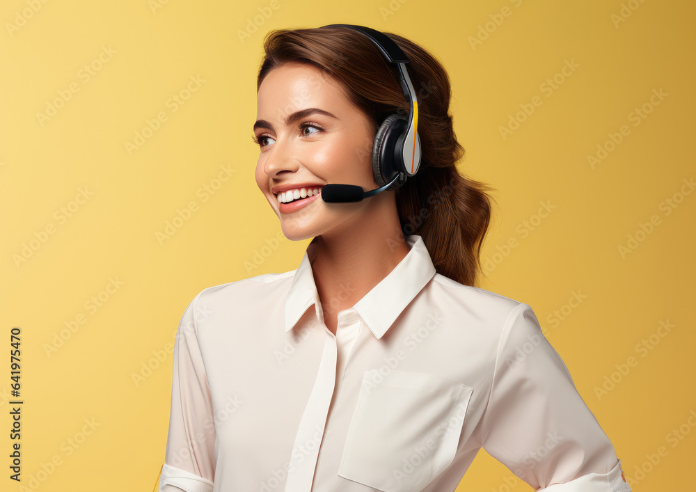 Portrait of happy smiling customer support phone operator in headset, on yellow background. created by generative AI technology. Portrait of happy smiling customer support phone operator in headset, on yellow background. created by generative AI technology.