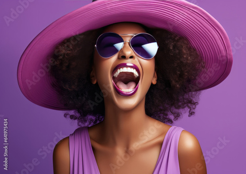 Beautiful African American woman in hat and sunglasses on purple background. created by generative AI technology.