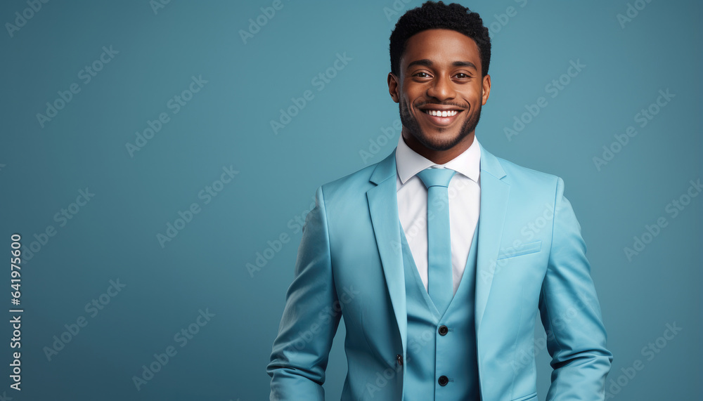 Portrait of a handsome African American businessman in a blue suit. created by generative AI technology. Portrait of a handsome African American businessman in a blue suit. created by generative AI technology.