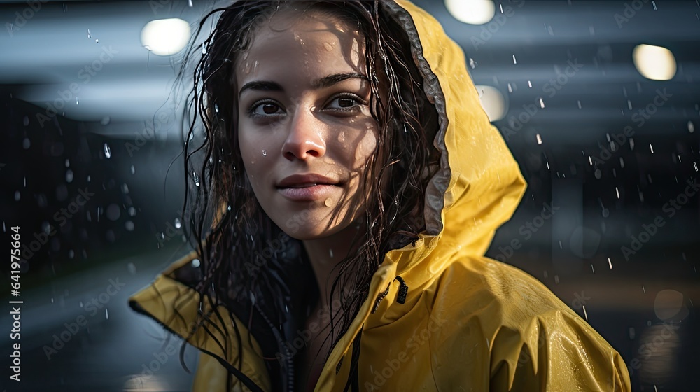 Model in a raincoat, captured amidst a rain shower, with raindrops