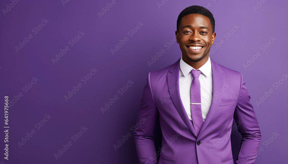 Portrait of a handsome African American man in purple suit. created by generative AI technology. Portrait of a handsome African American man in purple suit. created by generative AI technology.