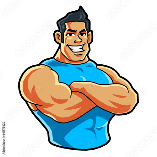 strong bodybuilder smiles with his arms crossed, vector, logo, cartoon, mascot, character, illustration