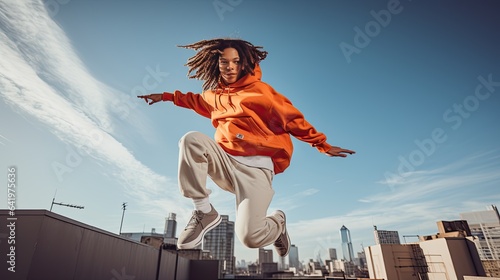 Dynamic shot of a model in a streetwear outfit, captured mid-jump on a city rooftop, with skyline in the background