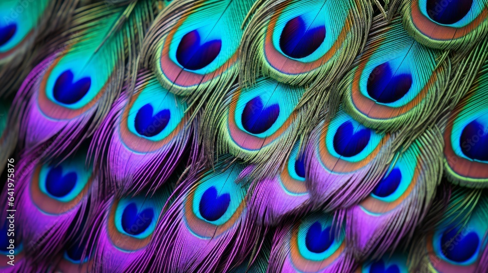Obraz premium Detailed texture of a peacock feather's iridescent plumes