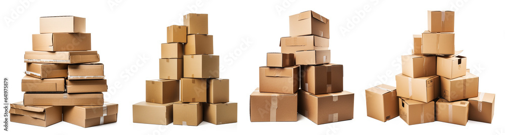 Set of Pile of stacked sealed goods cardboard boxes. Delivery, cargo, logistic and transportation warehouse storage concept. Isolated on transparent background Set of Pile of stacked sealed goods cardboard boxes. Delivery, cargo, logistic and transportation warehouse storage concept. Isolated on transparent background