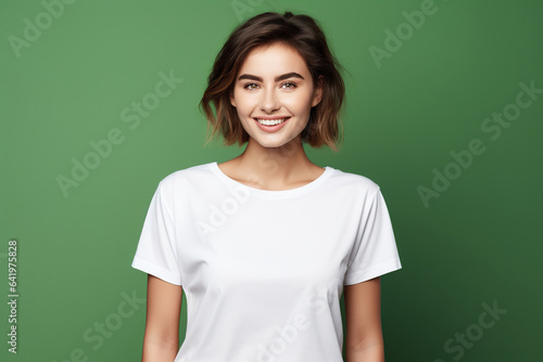 Young smiling caucasian woman wearing blank white t-shirt isolated on a green background. AI