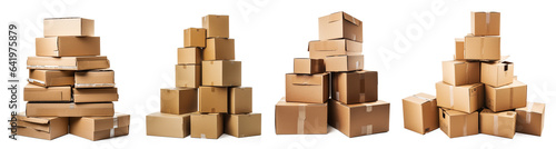 Set of Pile of stacked sealed goods cardboard boxes. Delivery, cargo, logistic and transportation warehouse storage concept. Isolated on transparent background © Mrs__DoubleF