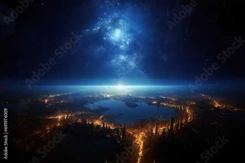 three-dimensional deep night illustration galaxy graphic light universe lights dark background city planet Earth space blue night glow astrol star nobody sunrise astronomy earth city black abstract