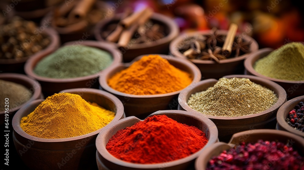  Detailed textures of colorful spices in a market.