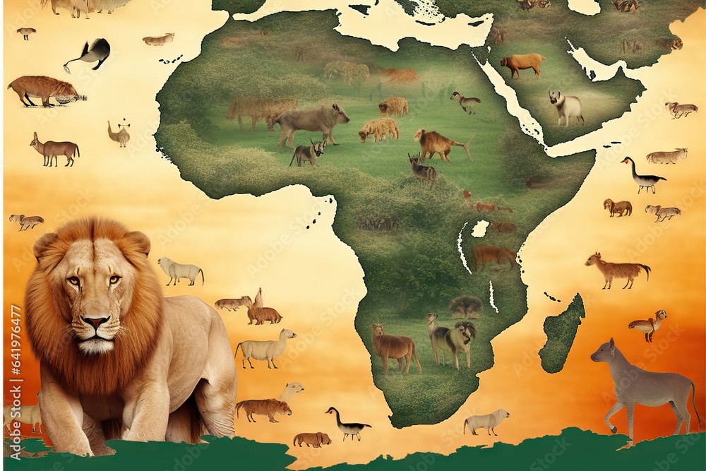 image animal wildlife continent conceptual predator cut-out composite africa s design leo isolated lion African wild background Wildlife panthera sun face concept white sunrise map Map mammal style - obrazy, fototapety, plakaty 