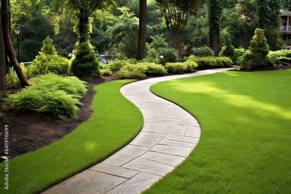 green curved landscape ground turf ground architecture grass landscaping design gardening landscape abstract Paved curve path walkway gardener paving landscaper paseo mow lawn lawn garden landscape - obrazy, fototapety, plakaty 