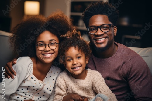 Portrait of African American Young Family With One Child in cosy living room interior home background