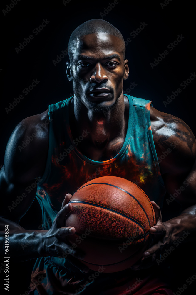 Powerful portrait of an African-American basketball player confidently holding a basketball against a striking black background
