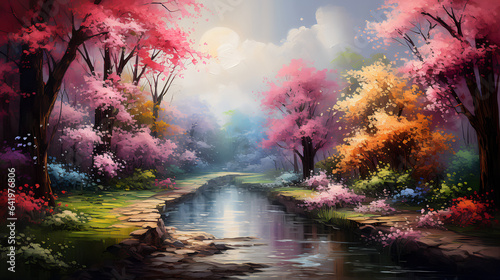 Bright landscape with blooming flowers and colorful forest.
