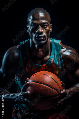 Powerful portrait of an African-American basketball player confidently holding a basketball against a striking black background © eugenegg