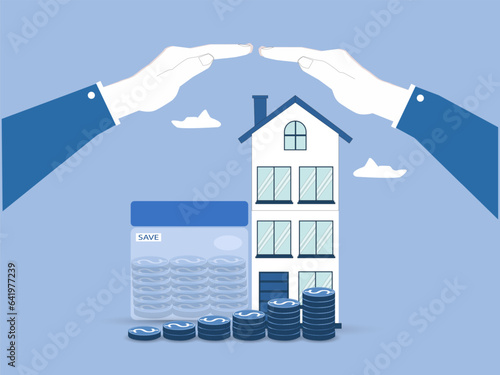 Insurance house, and family health live concept. The insurance agent presents the hands protection model that symbolize the coverage. vector illustration.