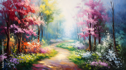 Bright landscape with blooming flowers and colorful forest. Oil painting.