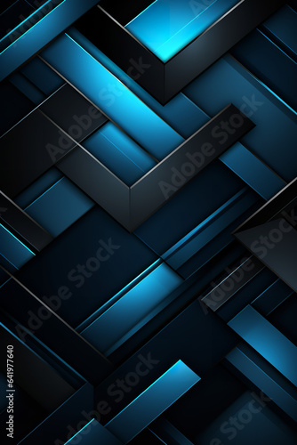 3d geometric blue and black, in the style of dark and mysterious, luminous shadowing, patterned surfaces, electric color schemes, dark gray and black