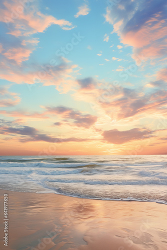 a beach and sky with beach sand, with the sun rising behind ocean waves, in the style of photo-realistic landscapes, soft variations of color, colorful neo-romanticism, reflex  © Nate