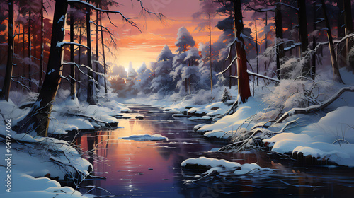 Bright landscape with winter forest. Oil painting.