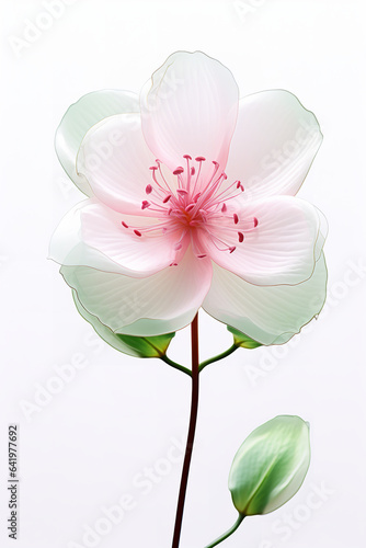 A blooming 3D cherry blossm flower, light colour petals,translucent leaves,Large lotus leaf on white background, with transparent and light, light pink and emerald green style, close-up, photo