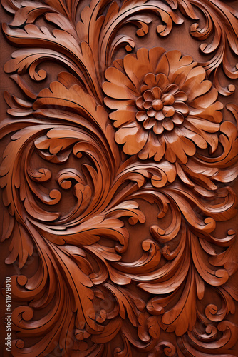 intricate detailed photograph of light Mahogany wood russian floral pattern, wood background
