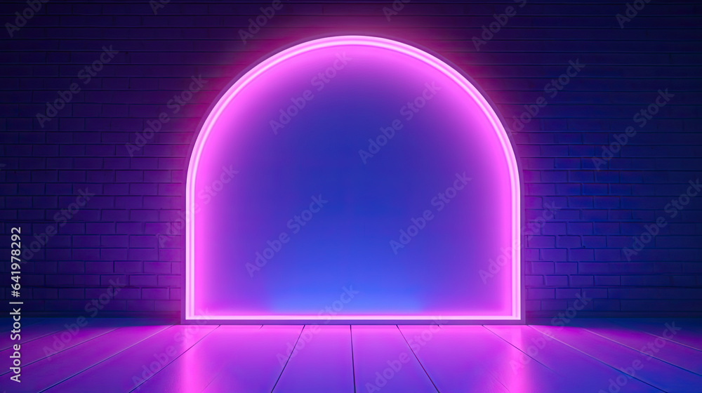 Fototapeta premium 3d render, abstract geometric neon background, pink blue vivid light, ultraviolet round hole in the wall. Window, open door, gate, portal. Room entrance, arch. Modern minimal concept