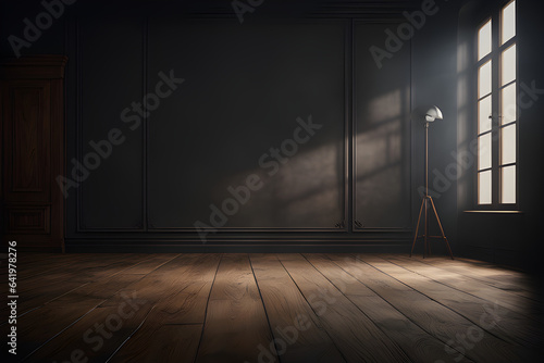 A stunning interplay of light and shadow graces the bare, dimly lit wall, while a captivating contrast emerges against the backdrop of a polished wooden floor