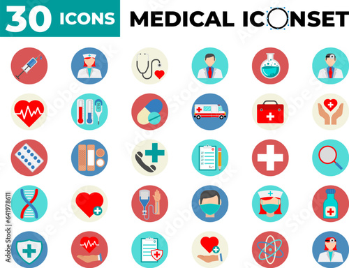 Set vector medical and health flat icon. Vector healthcare tool in flat icon. Icon set medicine, stethoscope, ambulance, prescription, doctor, lab, virus, mask, emergency. 