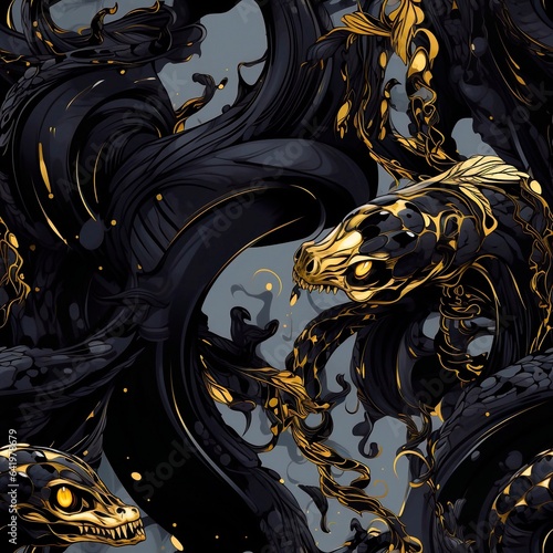 Black snakes.Seamless magical fantasy pattern with snakes and dragons.Scales.