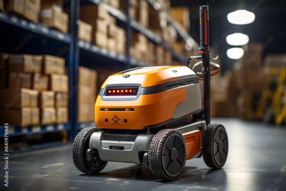 Fototapeta premium Autonomous robot delivery in warehouses with 5g wireless connection.