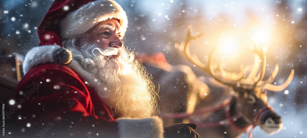 close up of santa claus with sleigh and reindeer in the snow, with snowflakes bokeh, lit by the sun,generative ai close up of santa claus with sleigh and reindeer in the snow, with snowflakes bokeh, lit by the sun,generative ai