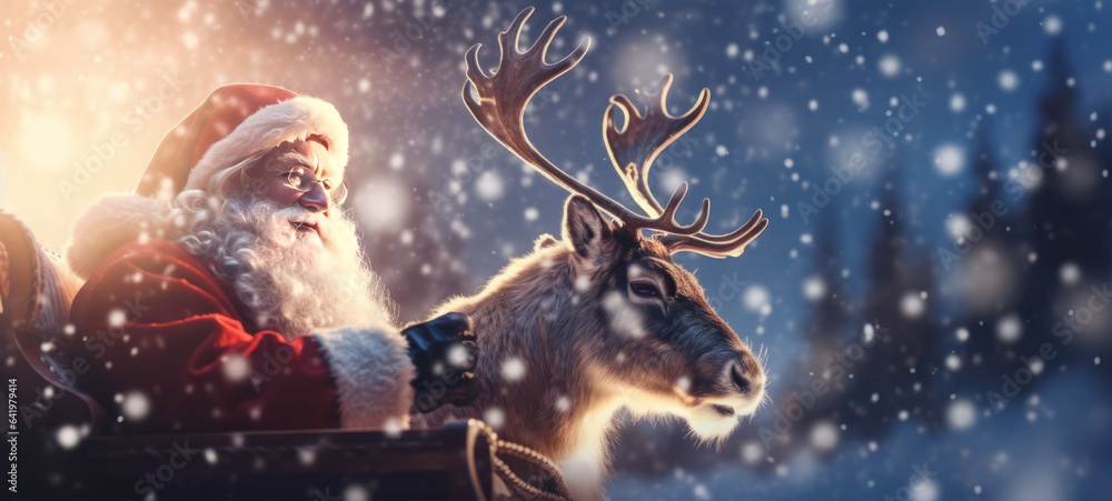 close up of santa claus with sleigh and reindeer in the snow, with snowflakes bokeh, lit by the sun, close up of santa claus with sleigh and reindeer in the snow, with snowflakes bokeh, lit by the sun,