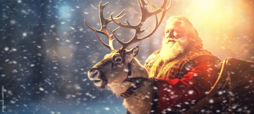 close up of santa claus with sleigh and reindeer in the snow, with snowflakes bokeh, lit by the sun, close up of santa claus with sleigh and reindeer in the snow, with snowflakes bokeh, lit by the sun,