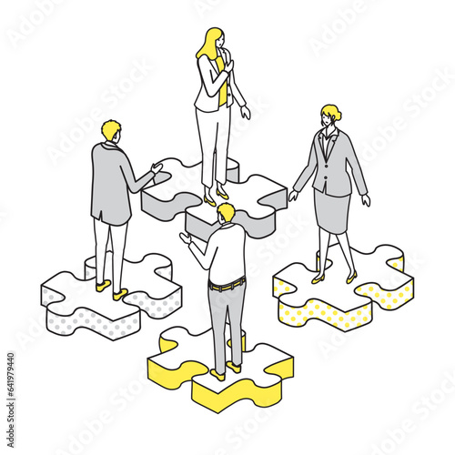 アイソメトリック_バラバラのビジネスチームのシンプルタッチのイラスト
