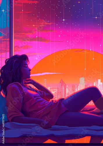 Illustration with lo-fi aesthetic. Neon poster with a girl. Generative AI