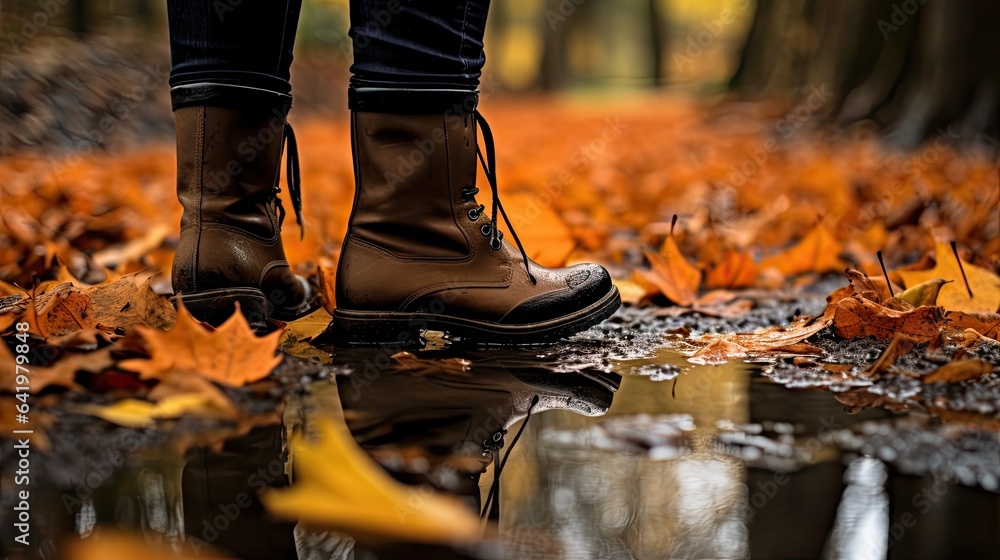 Close-up of a model's boots, stepping on a wet ground covered in leaves, capturing the reflection in puddles after an autumn rain Close-up of a model's boots, stepping on a wet ground covered in leaves, capturing the reflection in puddles after an autumn rain