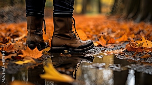 Close-up of a model's boots, stepping on a wet ground covered in leaves, capturing the reflection in puddles after an autumn rain