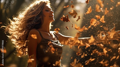 Dynamic shot of a model tossing a handful of leaves, capturing the motion blur of the swirling leaves, with diffused afternoon sunlight © Filip
