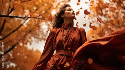 Model draped in warm-hued autumn fashion, standing amidst falling leaves, captured with a low-angle shot to emphasize the tall trees in the background