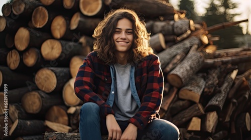 Model in a flannel shirt and denim, sitting atop a pile of firewood, signifying the preparation for the cold months ahead