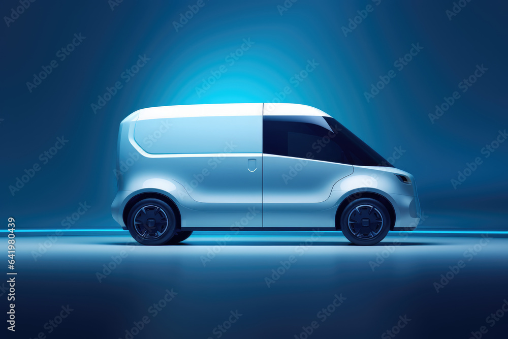 Minimalist futuristic white cargo van concept, right side view parked in a blue studio with copy space