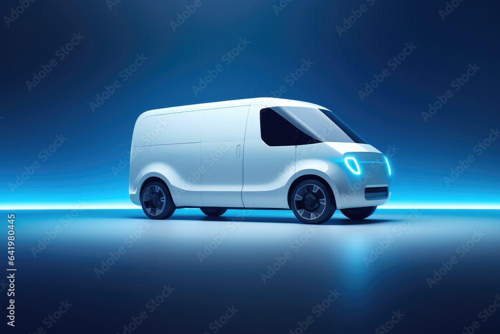 Minimalist futuristic white cargo van concept, right front angle view parked in a blue studio with copy space Minimalist futuristic white cargo van concept, right front angle view parked in a blue studio with copy space