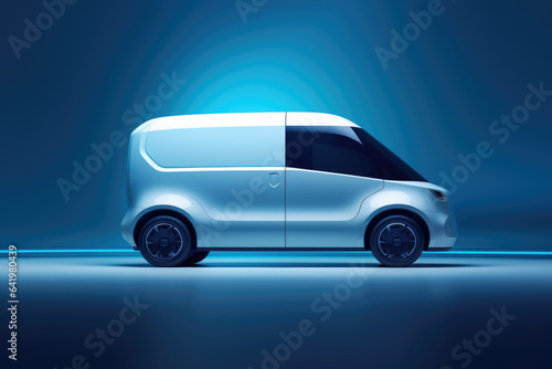 Minimalist futuristic white cargo van concept, right side view parked in a blue studio with copy space © J S