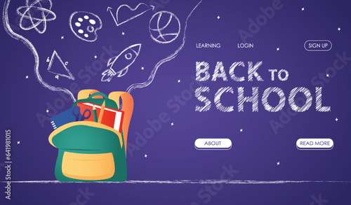 School banner. An exciting Back to School banner with a playful cartoon design of a backpack with various school supplies that symbolizes the beginning of the school year. Vector illustration.